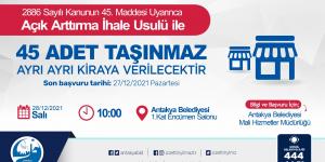 ANTAKYA BELEDİYESİ, 45 TAŞINMAZI KİRAYA VERECEK