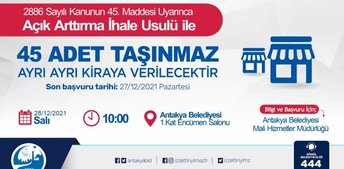 ANTAKYA BELEDİYESİ, 45 TAŞINMAZI KİRAYA VERECEK
